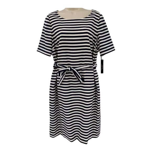 Tahari Striped Dress Size 8 Navy & White Short Tie Sheath Business Career Work - Picture 1 of 7